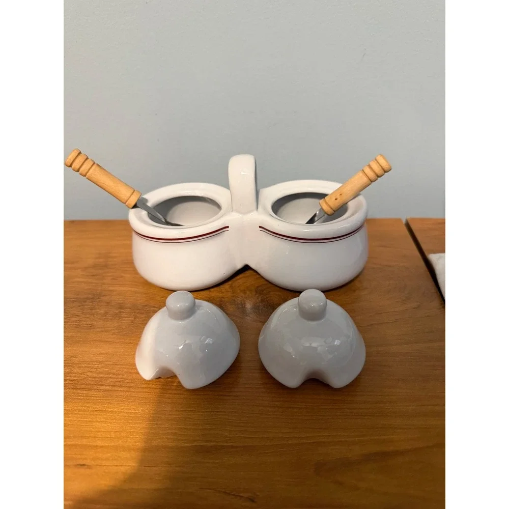 Houston Harvest Ceramic Double Condiment Server Fruit Motif with Spoons 1812FY06